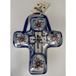 J. Duban Designs Cross Ceramic Hanging Tile Floral Blue Handcrafted Christening